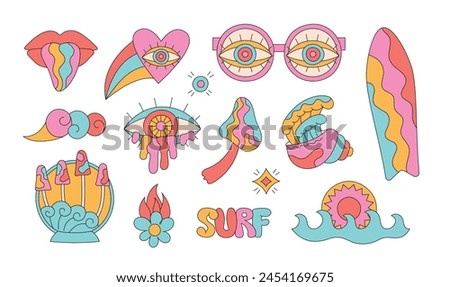 Summer groovy cartoon surf, wave, shell, glasses, eye. Trippy bright designs for t-shirt prints, posters, stickers.