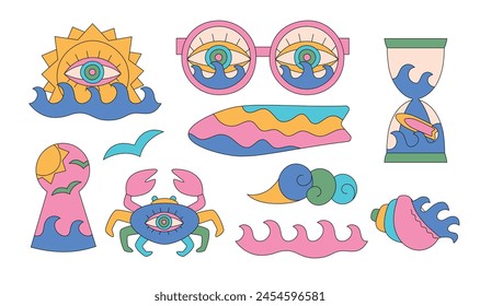 Summer groovy cartoon surf, waves, shell, crab, glasses. Trippy bright designs for t-shirt prints, posters, stickers.