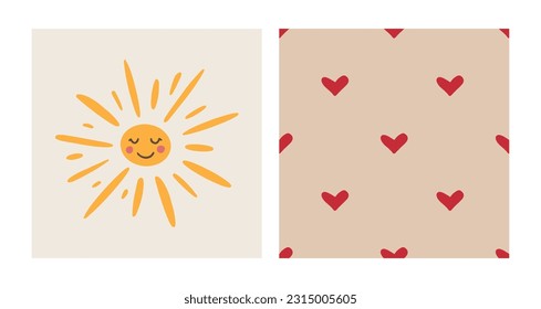 Summer groovy collection. Hand drawn positive vector set. Smiley sun. Cute retro seamless pattern with hearts