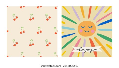 Summer groovy collection. Hand drawn retro hippie vector sun card and pattern set. Enjoy typography slogan. 70s seamless pattern with cherry