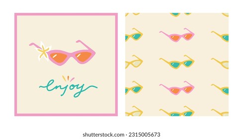 Summer groovy collection. Hand drawn positive hippie vintage sunglasses set. Enjoy typography slogan. 70s seamless retro pattern with glasses