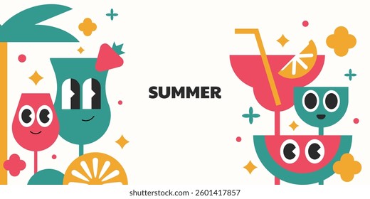 Summer groovy with fruits and cocktails character cartoon style. Various tropical fruits element geometric design.