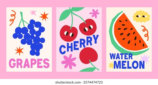 Summer groovy fruits vector posters design set. Bright playful healthy exotic abstract prints with grapes, cherry, watermelon