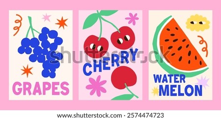 Summer groovy fruits vector posters design set. Bright playful healthy exotic abstract prints with grapes, cherry, watermelon