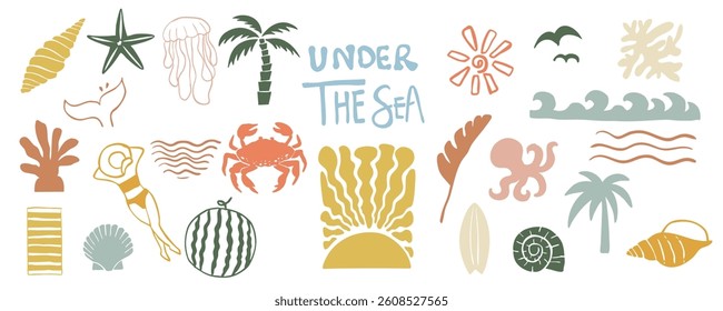 summer groovy icon with crab, squid,starfish for kid design