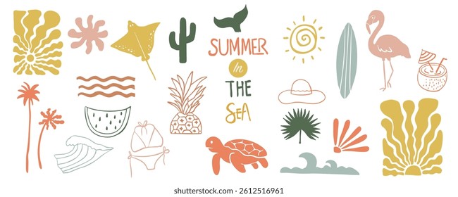 summer groovy icon with flamingo,turtle,tree for kid design