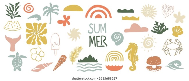 summer groovy icon with rainbow,seahorse,turtle for kid design