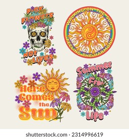 Summer groovy labels with sun, rainbow, chamomiles, skull. Concept of balance, love and harmony. For clothing, apparel, T-shirts, surface decoration. Retro style illustration on white background