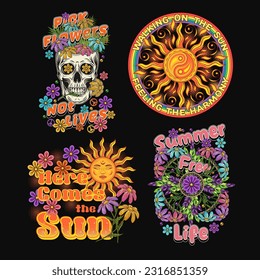 Summer groovy labels with sun, rainbow, chamomiles, skull. Concept of balance, love and harmony. For clothing, apparel, T-shirts, surface decoration. Retro style illustration on black background