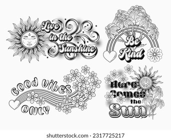 Summer groovy labels with sun, rainbow, chamomile flowers, hearts. Concept of peace, love and harmony. For clothing, apparel, T-shirts, surface decoration. Retro style illustration on white background