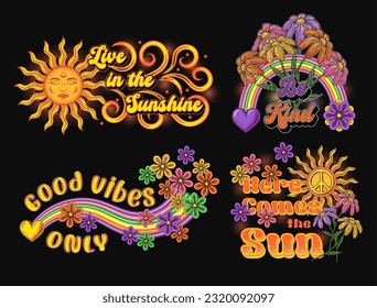 Summer groovy labels with sun, rainbow, chamomile flowers, hearts. Concept of peace, love and harmony. For clothing, apparel, T-shirts, surface decoration. Retro style illustration on black background