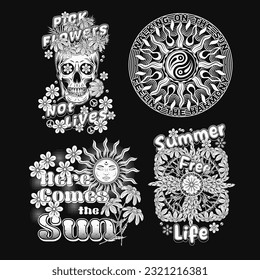 Summer groovy labels with sun, rainbow, chamomiles, skull. Concept of balance, love and harmony. For clothing, apparel, T-shirts, surface decoration. Retro style illustration on black background