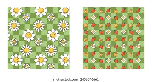 Summer groovy patterns. Hippie 70s style seamless background. Checkboard, daisy, strawberry
