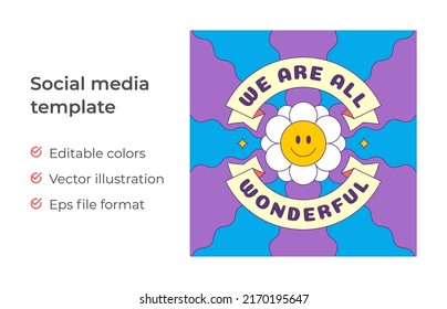 Summer Groovy Pop Art Social Media Quote Post Template Vector Illustration. Cute Psychedelic Summer Flower With Award Ribbon And Place For Text Social Media Cover