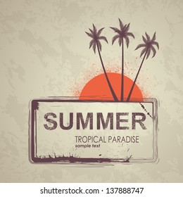 Summer grunge background. Vector banner with palm trees and sun