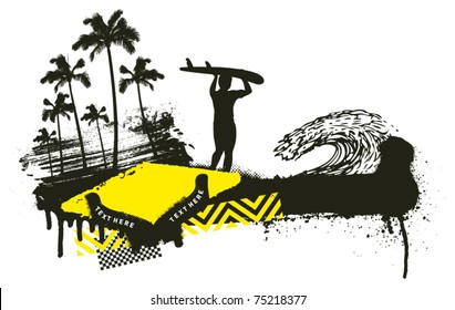 summer grunge scene with surfer walking