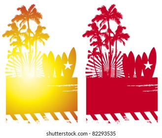 escenario de verano con mesas y palmeras