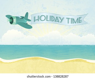 Summer grunge textured background with plane and banner.