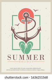 Summer grunge typography poster design template, vector illustration in retro style. Yacht vacation, boat trip concept for banner, flyer.