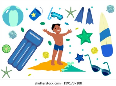 summer guy at sea with attributes of a beach holiday on a white background.

