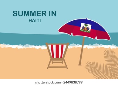 Summer in Haiti, beach chair and umbrella, vacation or holiday in Haiti, vacation concept vector design, summer holiday, sea sand sun, travel and tourism idea