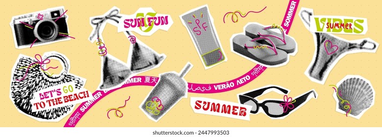 summer halftone collage, set of retro style beach icons. girly mood of y2k