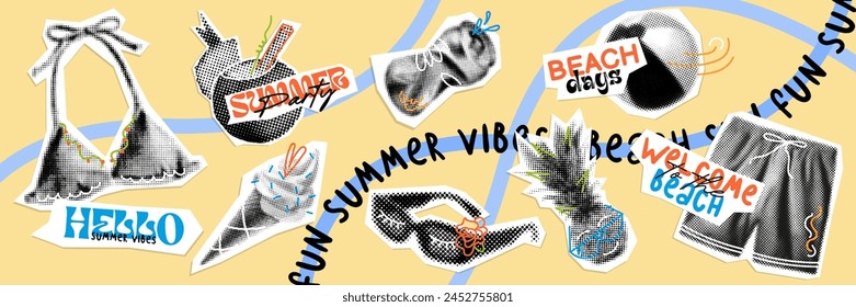 summer halftone collage, set of vintage style beach party icons. fun mood of y2k