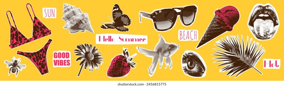 Summer halftone collage. Vintage pack of trendy elements eye, lips, ice cream, bikini, bee, fish, palm, daisy, butterfly, sunglasses, seashell, strawberry with photocopy effect. Vector dots texture.