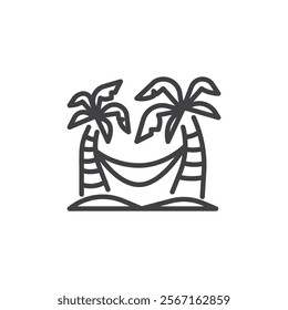 Summer Hammock line icon. linear style sign for mobile concept and web design. Hammock tied between two palm trees outline vector icon. Symbol, logo illustration. Vector graphics