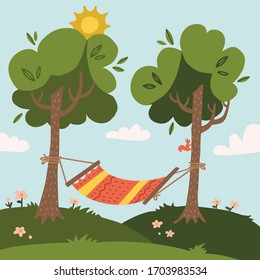 Hamaca de verano con árboles en el bosque y jardín, montañas y nubes. Ilustración vectorial de diseño plano.