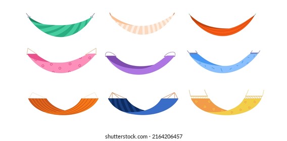 Summer hammocks. Net rope colorful nobody hammock for summer recreation and relaxation on sea beach resort, swing colored model tranquility sleep, set vector illustration. Hammock tourism comfortable