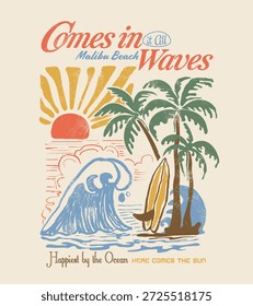 Gráficos de desenho de mão de verão. clube de surf, arte da praia de surf. impressão de verão de pôr do sol. Praia de Miami
