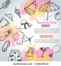 Summer hand drawn background. Beach doodle elements. Vacation and trevel to the sea Sketch Vector