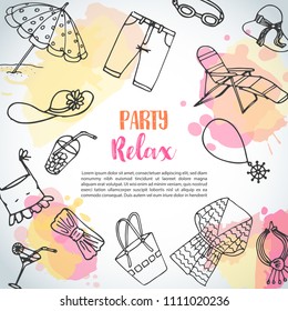 Summer hand drawn background. Beach doodle elements. Party and relax text Vacation and trevel to the sea Sketch Vector