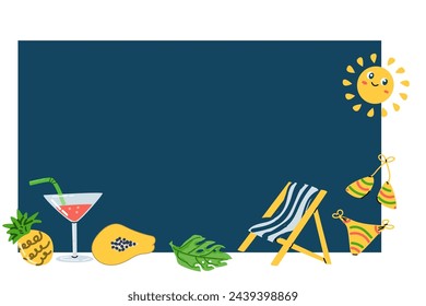 Summer hand drawn background with beach elements. Vector illustration of beach chair, cocktail, swimsuit, sun. Can used for banner, flyer, greeting card, poster, invitation card. 