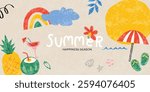 Summer hand drawn  background vector set. Colorful abstract wallpaper with simple shapes, watermelon, coconut tree, pineapple. Happy summertime symbol illustration design for cover, banner.