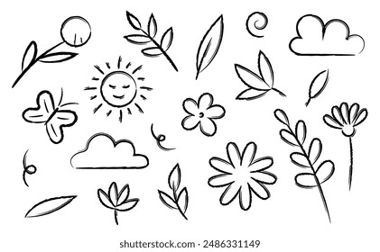 Summer hand drawn black crayon elements set. Leaves, flowers, sun, clouds doodle brush style on white background.