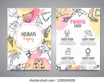 Summer hand drawn brochure. Beach doodle elements. Vacation and trevel to the sea Sketch Vector