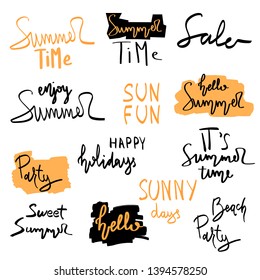 Summer hand drawn brush letterings. Summer typography summer time, sun fun, happy holidays, party, sale, beach party, hello summer