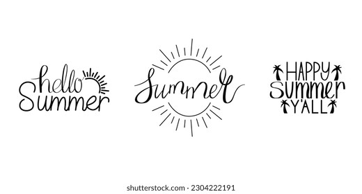 Sommerhandgezeichnete Pinselspitzen-Set. Sommertypografie mit Sonne und Palmen. Schwarz-Weiß-Schrift. Handgezeichnete Sommerzeit.