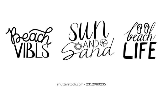 Sommerhandgezeichnete Pinselspitzen-Set. Sommertypografie. Beach Vibes Sun und Sand Buchstaben. Schwarz-Weiß-Schrift. Strandleben. Geschrieben mit Handbriefen.