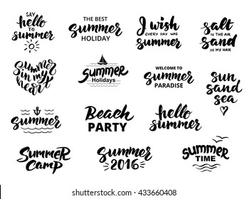 Summer hand drawn brush letterings. Summer typography - hello summer, summer camp, welcome to summer paradise, the best summer holiday, beach party, summer 2016.