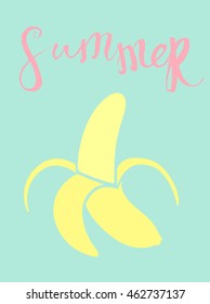 Summer hand drawn calligraphic abstract card. Vector bright summer invitation. Beautiful summer poster with hand written text. Journal card with banana