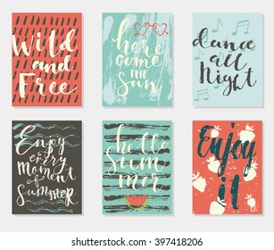 Summer hand drawn calligraphic card set. Vector illustration. A set of flyers, brochures, templates design. Vintage cards with lettering, patterns and ornaments. 