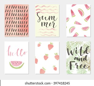 Summer hand drawn calligraphic card set. Vector illustration. A set of flyers, brochures, templates design. Vintage watercolors cards with lettering, patterns and ornaments. 