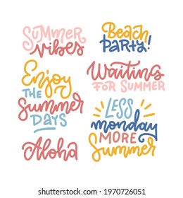 Summer hand drawn calligraphic text elements set. Vector collection of bright colored summer lettering. Beautiful summer quotes posters. Linear hand drawn vector Journal stickers