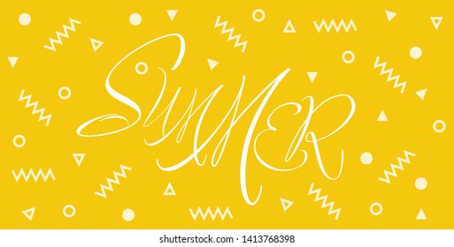 Summer - hand drawn calligraphy on yellow background. Flat vector illustration for cards, greetings, party invitations, posters, flyers, banners, seasonal design and decoration, prints, web.