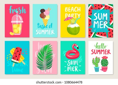 Summer hand drawn calligraphyc card set with fruits, cocktails, ice cream. Use it for flyers, postcards, banners, posters and other designs. Vector illustration.