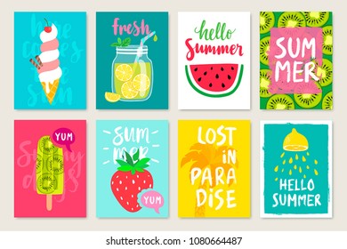 Summer hand drawn calligraphyc card set with fruits, cocktails, ice cream. Use it for flyers, postcards, banners, posters and other designs. Vector illustration.
