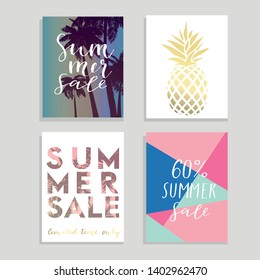Summer hand drawn calligraphyc card set. Vector collection color, gold colored summer cards. Beautiful summer posters with pineapple, banana, palm leaves and hand written text. 